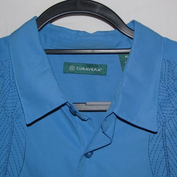 Mens' Cubavera Blue Embroidered Leaf Pattern Hawaiian Shirt Size XL Extra Large - Picture 3 of 7